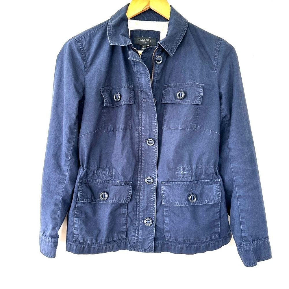 Talbots Utility Jacket, zipper front, loose fit, waist is adjustable, cotton
